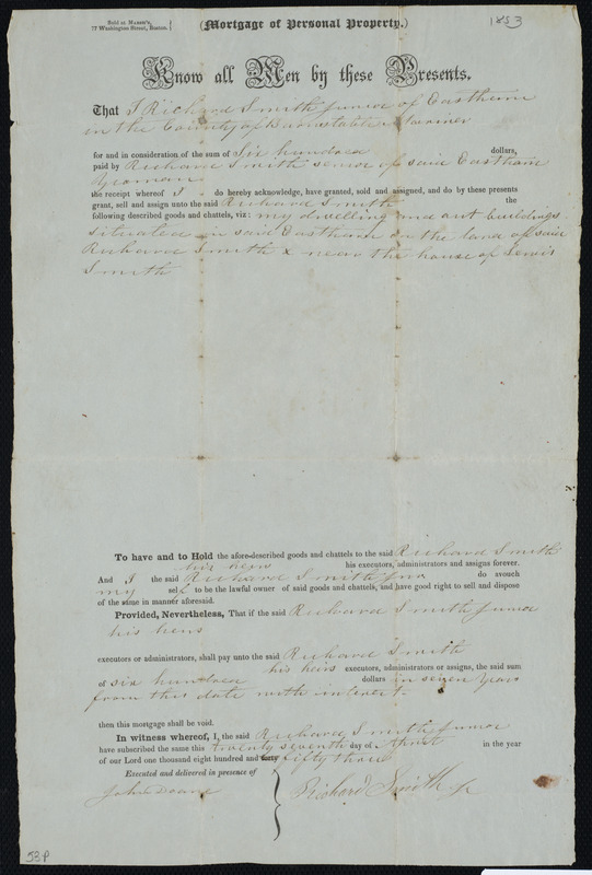 Deed of property in Eastham sold to Richard Smith Senior of Eastham by Richard Smith Junior of