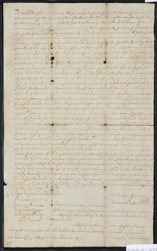 Deed of property in Harwich sold to John Smith of Manamoset by William Cahoon of Manamoset