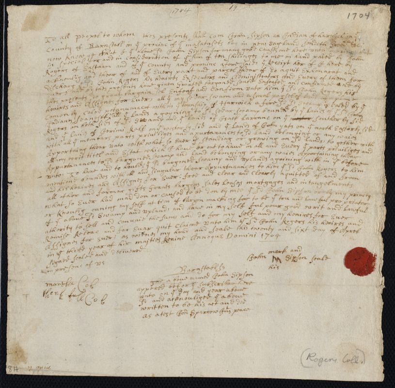 Deed of property in Harwich sold to John Rogers of Eastham by John Sipson of Harwich