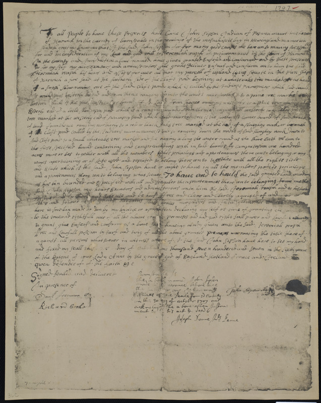 Deed of property in Harwich sold to Jeremiah Reaph of Harwich by John Sipson of Harwich