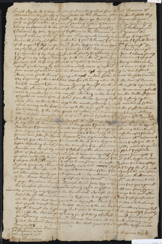 Deed of property in Harwich sold to John Rogers of Eastham by Thomas Freeman of Harwich