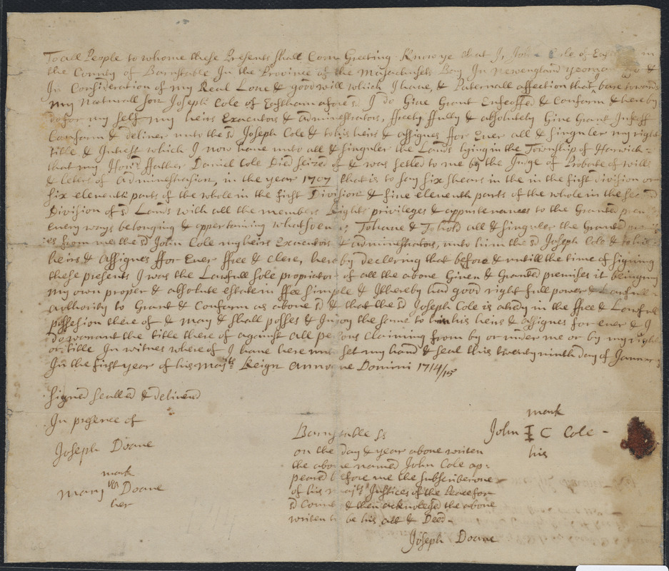 Deed of property in Harwich sold to Joseph Cole of Harwich by John Cole