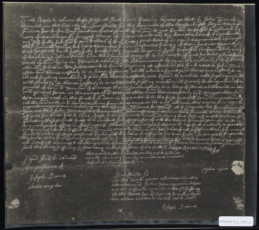 Deed of property in Harwich sold to Samuel Mayo by John Tom of Harwich