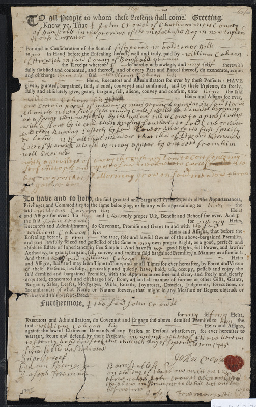Deed of property in Harwich sold to William Cahoon by John Crowel of