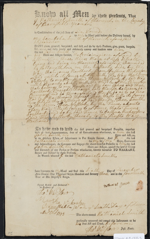 Deed of property in Harwich sold to John Smith by Nathaniel Smith of ...