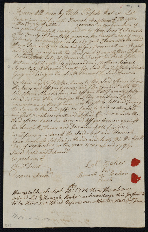 Deed of property in Harwich sold to Osborn Snow of Harwich by Lot Baker