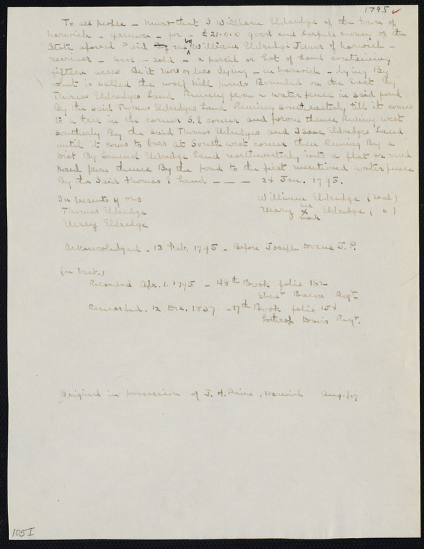 Deed of property in Harwich sold to William Eldridge Jr. of Harwich by