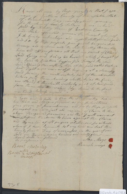 Deed of property in Harwich sold to Timothy Doane of Harwich by Asa