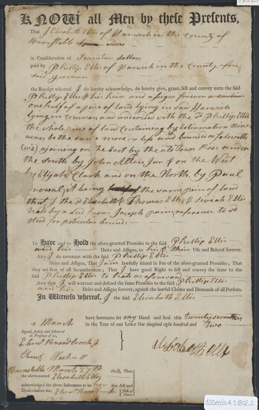 Deed of property in Harwich sold to Elizabeth Ellis and Phillip Ellis ...