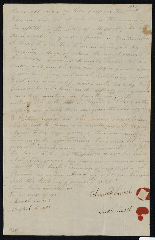 Deed of property in Harwich sold to Theophilus Mayo of Harwich by