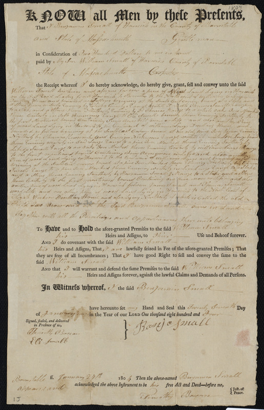 Deed of property in Harwich sold to William Small of Harwich by