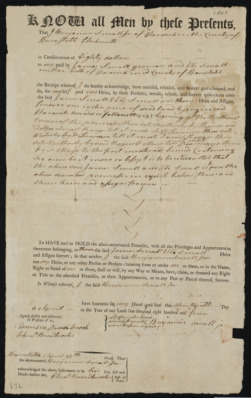 Deed of property in Harwich sold to James Small and Eli Small of