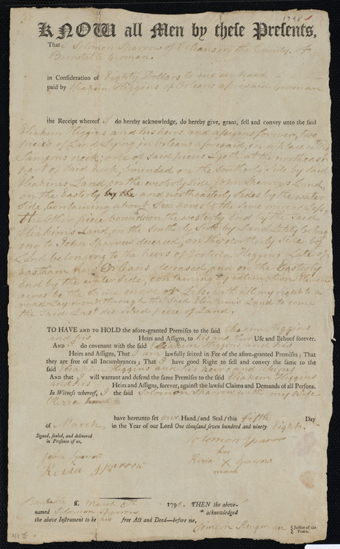 Deed of property in Orleans sold to Eliakim Higgins of Orleans by ...