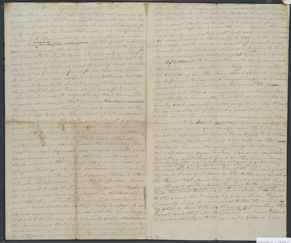 Deed of property in Orleans sold to Town of Orleans of Orleans by Benjamin Small and Seth Cohoon