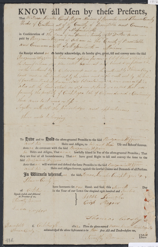 Deed of property in Orleans sold to Benjamin Higgins of Orleans by