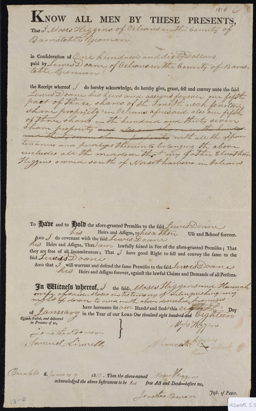 Deed of property in Orleans sold to Lewis Doane of Orleans by Moses ...