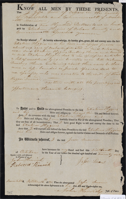 Deed of property in Orleans sold to Eliakim Higgins of Orleans by Jesse ...