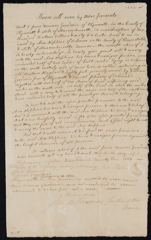Deed of property in Orleans sold to Asa Hopkins of Orleans by Jane