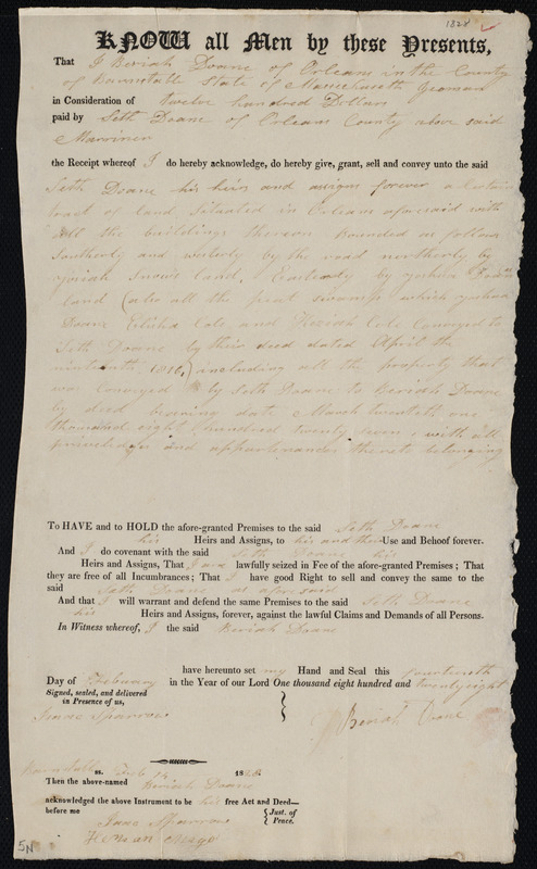 Deed Of Property In Orleans Sold To Seth Doane Of Orleans By Beriah ...