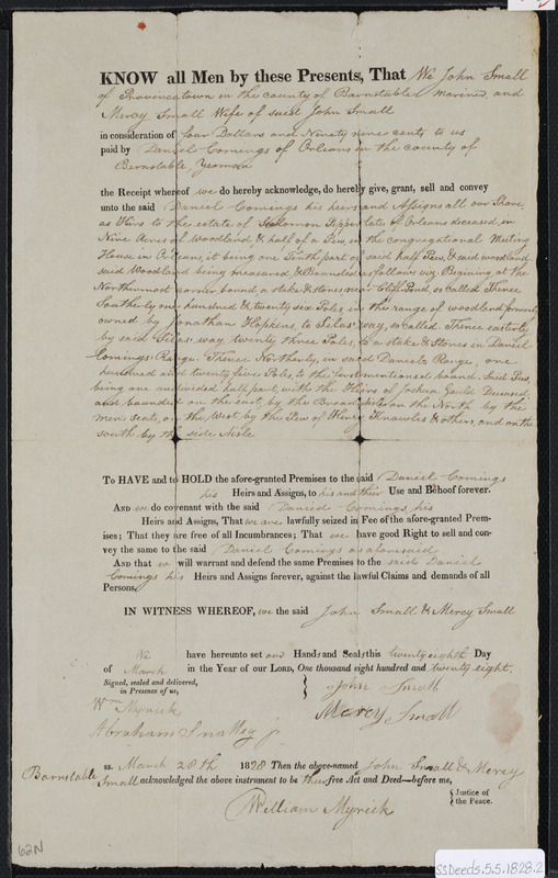 Deed of property in Orleans sold to Daniel Comings of Orleans by John