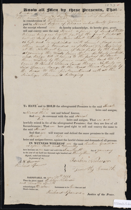 Deed of property in Orleans sold to Israel Rogers of Orleans by Reuben ...