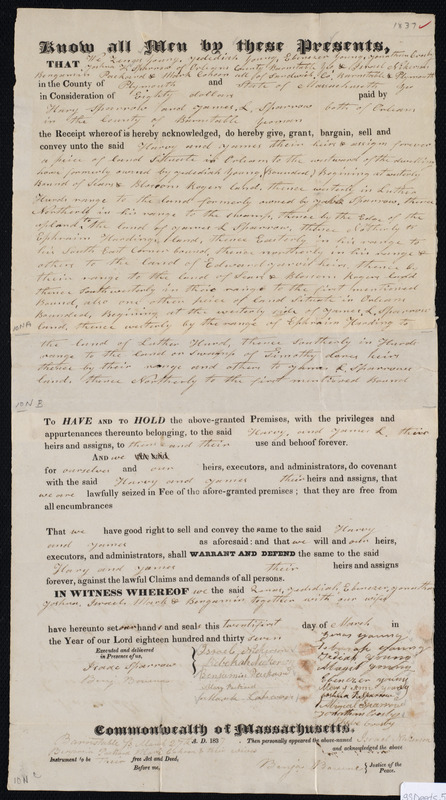 Deed of property in Orleans sold to Henry Sparrow and James L. Sparrow of Orleans by Zenas Young, Jedediah Young, Ebenezer Young, Jonathan Crosby, Benjamin Packard, and Mark Cahoon of Orleans; Sandwich