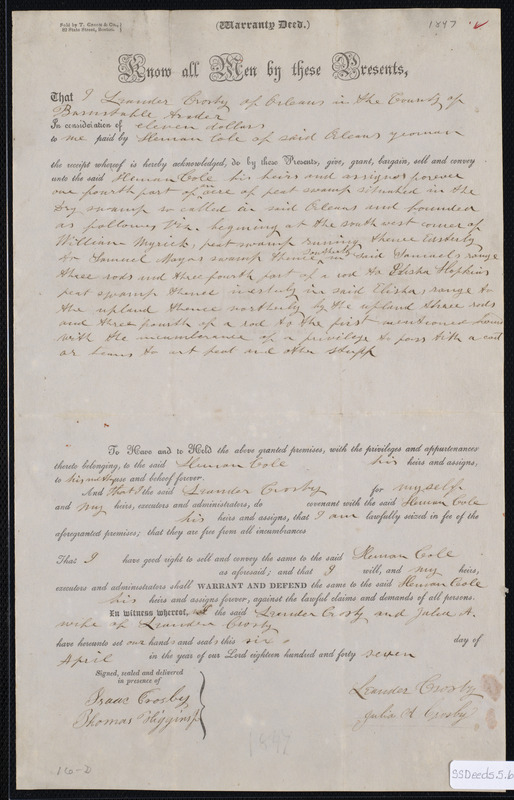 Deed of property in Orleans sold to Sherman Cole of Orleans by Leander
