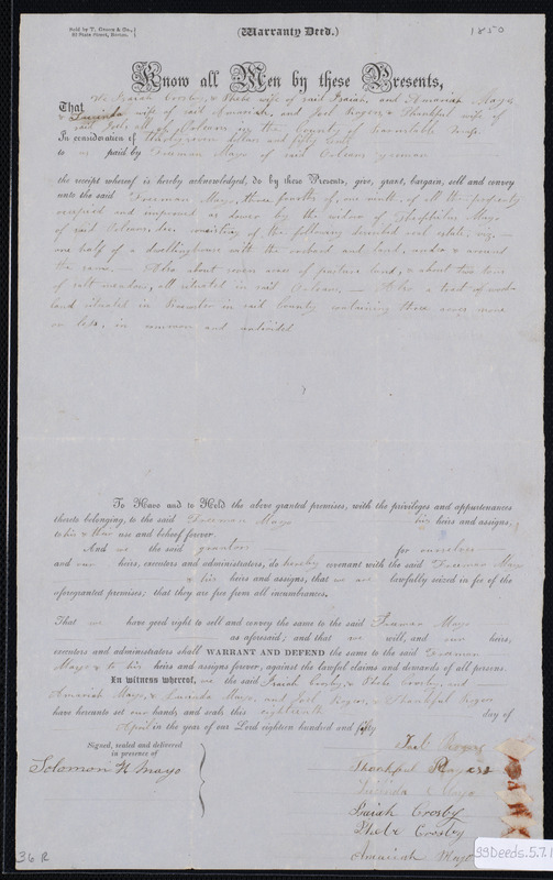 Deed of property in Orleans: Brewster sold to Freeman Mayo of Orleans by Isaiah Crosby, Phebe Crosby, Amariah Mayo, Lucinda Mayo, Joel Rogers, and Thankful Rogers of Orleans