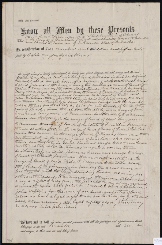 Deed of property in Orleans sold to Caleb Hayden of Orleans by Richard S. Freeman, Albert Freeman, and James W. Freeman of Orleans; Tikemah, Nebraska