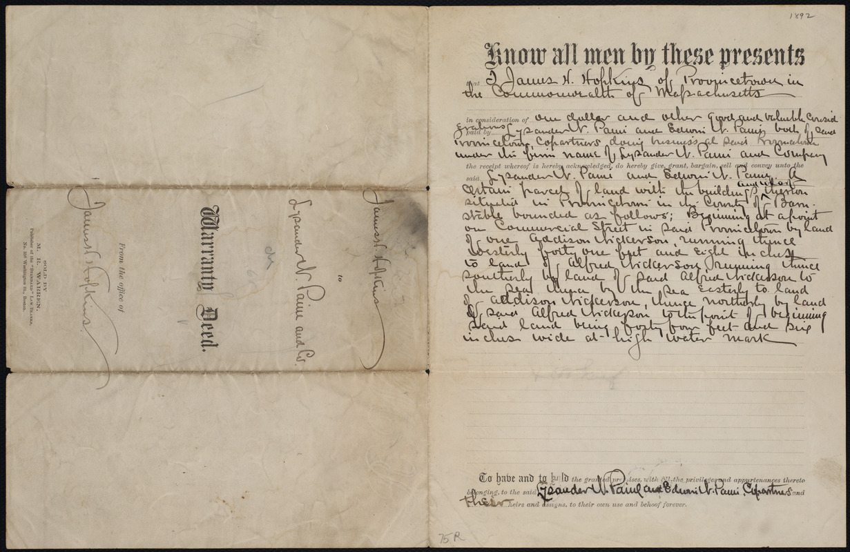 Deed of property in Provincetown sold to Lysander B. Pani (also Paine