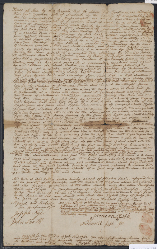 Deed of property in Sandwich sold to Simeon Fish and Nathaniel Fish Jr. of Mashpee by Simeon Fish and Nathaniel Fish Jr. of Sandwich