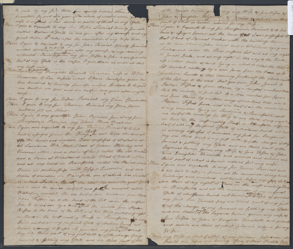 Deed of property in Sandwich sold to Lydia Percival, Benjamin Percival, James Percival, Thomas Percival, Elisha Percival, John Percival (Grandson) and Elizabeth Freeman (Daughter) of Sandwich by John Percival of Sandwich