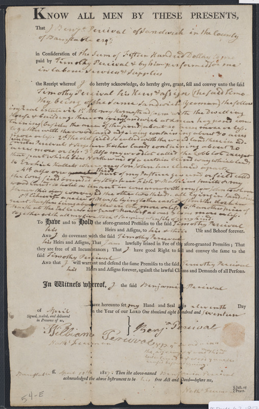 Deed of property in Sandwich sold to Timothy Percival by Benjamin ...