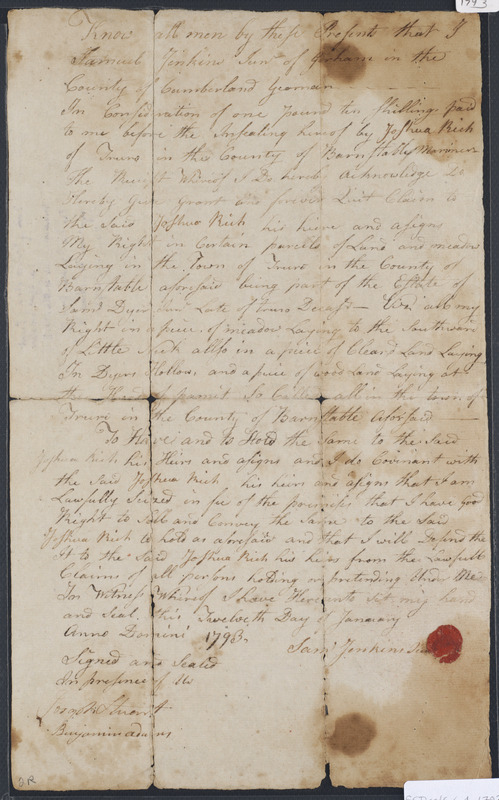 Deed of property in Truro sold to Joshua Rich of Truro by Samuel (Sam) Jenkins Jr. of Gorham, ME