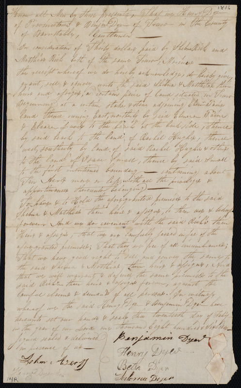 Deed of property in Truro sold to Shebna Rich and Matthias Rich of Truro by Henry Dyer and Benjamin Dyer of Provincetown, Truro
