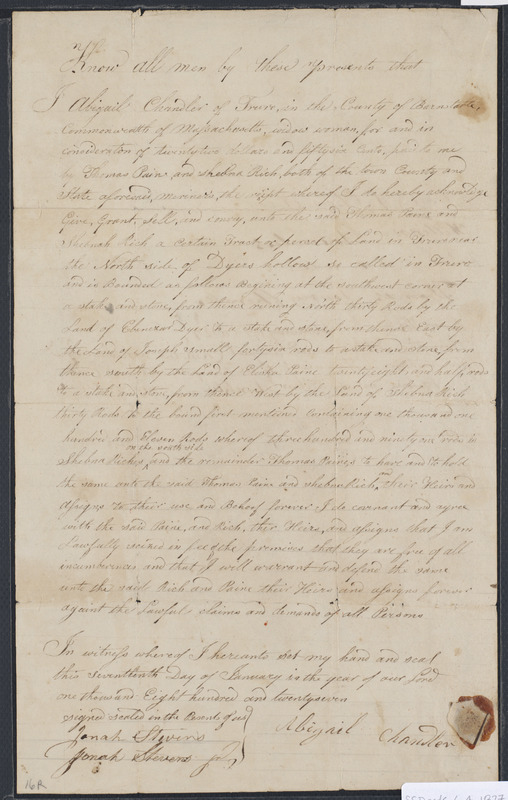 Deed of property in Truro sold to Thomas Paine and Shebna Rich of Truro by Abigail Chandler of Truro