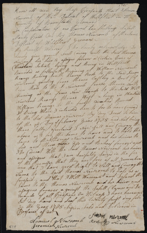 Deed of property in Wellfleet sold to Thomas of Wellfleet by