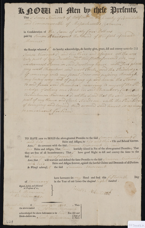 Deed of property in Wellfleet sold to Simon 3rd of Wellfleet by Simon of