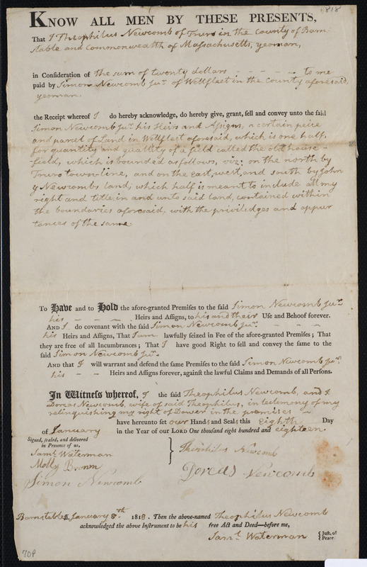 Deed of property in Wellfleet sold to Simon Newcomb Jr. of Wellfleet by Theophilus Newcomb of Truro