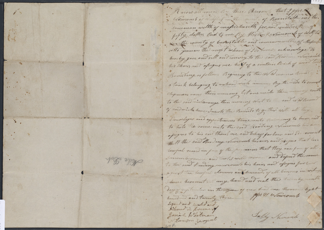 Deed of property in Wellfleet sold to Harding of Wellfleet by Jesse of Wellfleet