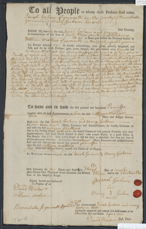 Deed of property in Yarmouth sold to William Matthews of Yarmouth by
