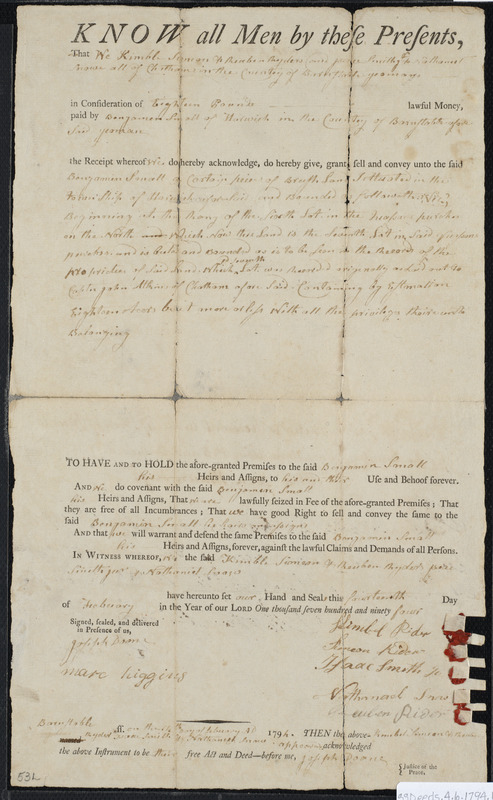 Deed of property in Barnstable sold to Benjamin Smalls of Harwich by Kimble Simons of Barnstable