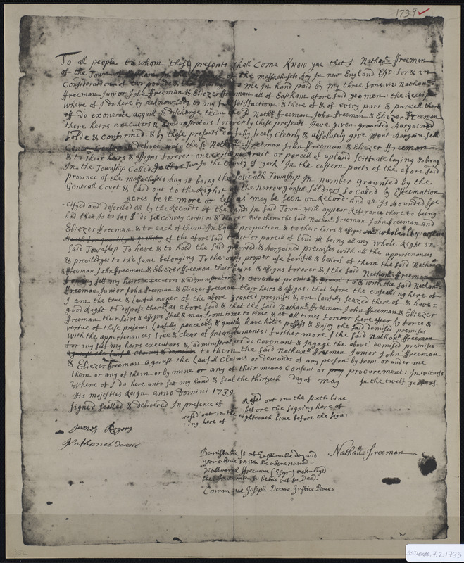 Deed of property in Eastham sold to Ebeniezer Hall of Eastham by Nathan Freeman of Eastham