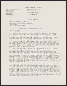 Herbert Brutus Ehrmann Papers, 1906-1970. Sacco-Vanzetti. Massachusetts. Legislature: House 2358, 1959. Box 13, Folder 7, Harvard Law School Library, Historical & Special Collections