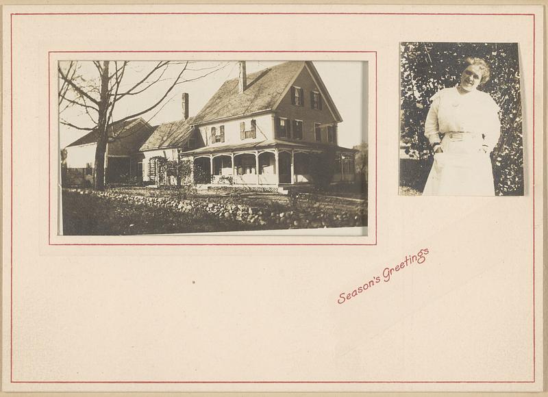 Christmas card with photograph of house and a woman