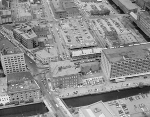 Close up of Downtown where Merrimack St. crosses the Eastern Canal