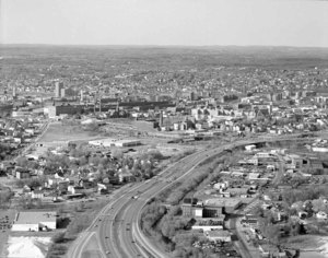 Lowell Connector with Hale-Howard area on left and Ayre's City on right looking over big Lowell