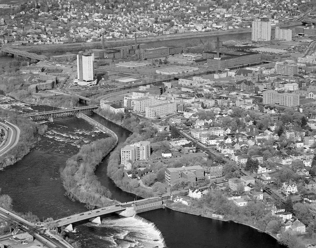 Looking from Pawtucket Falls across St. Joseph's and Lawrence Manufacturing to Merrimack River and Centralville