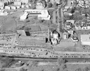 Close up of Hood's factory and Rogers School