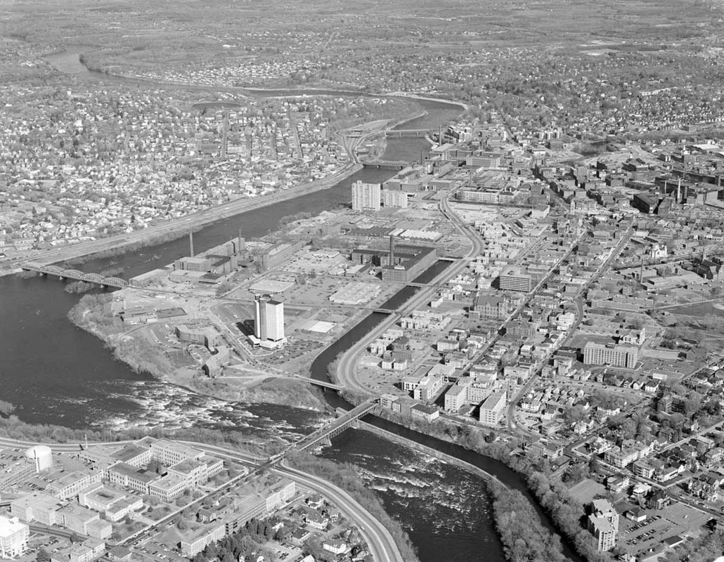 North Campus Umass Lowell looking over Pawtucket Falls to big view of Lowell